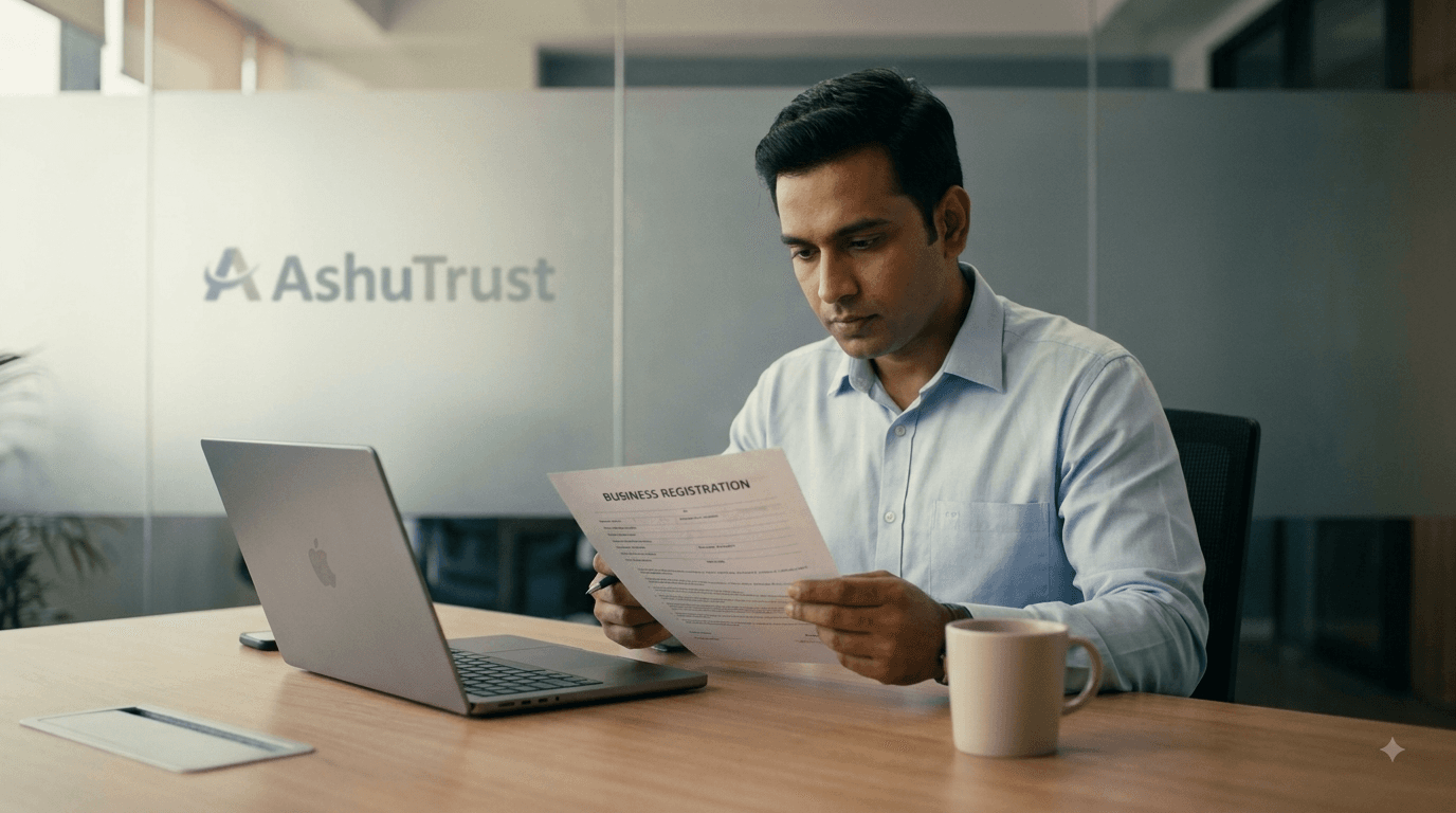 AshuTrust professional reviewing a business registration document